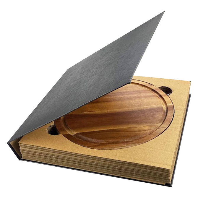 A wooden cheeseboard set within a stylish packaging, featuring a sleek black cover.