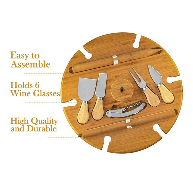 A round wooden table in natural colour with compartments for six wine glasses and various cheese knives. It features a branding logo.