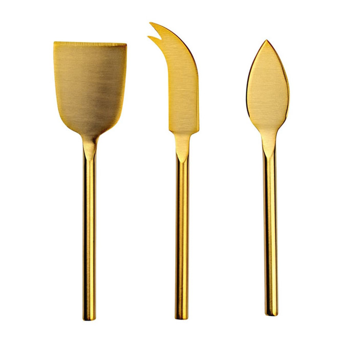 A cheese knife set featuring three gold-toned utensils with sleek handles for cutting and serving cheese.
