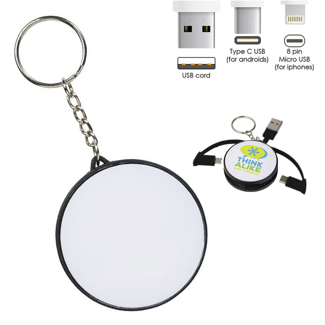 A key ring featuring a charging cable with Type C, micro USB, and 8-pin connectors, along with a logo.
