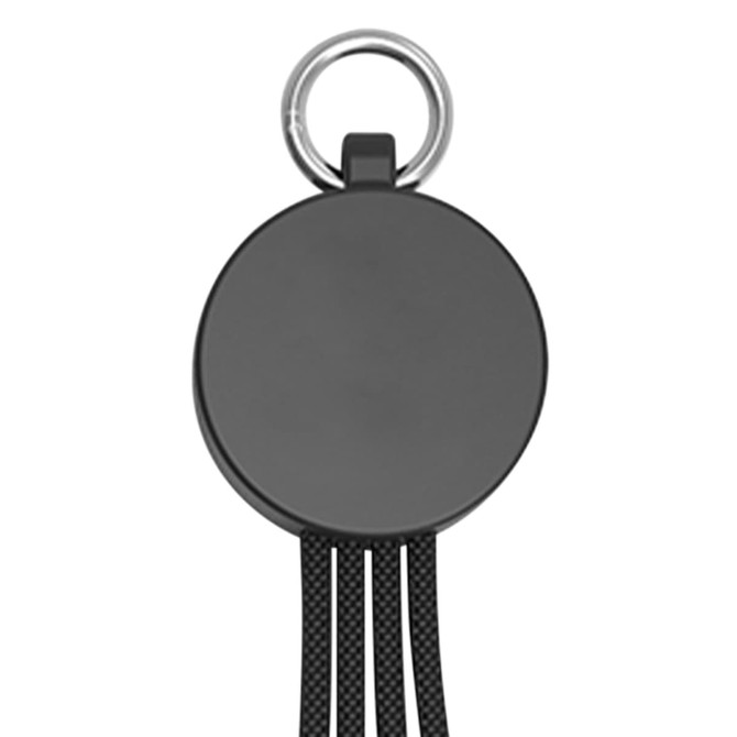 A drink bottle opener in black, featuring a ring attachment and a charging cable.