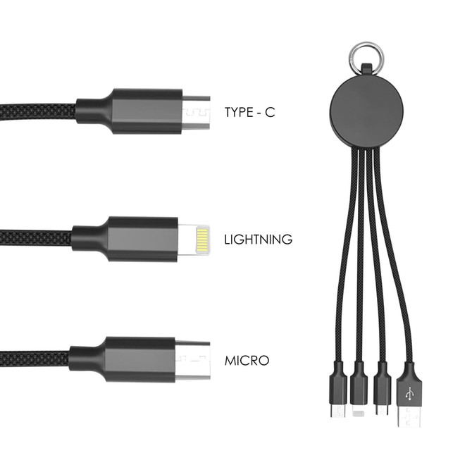 A drink bottle opener charging cable in black, featuring Type-C, Lightning, and Micro connectors with a keyring attachment.