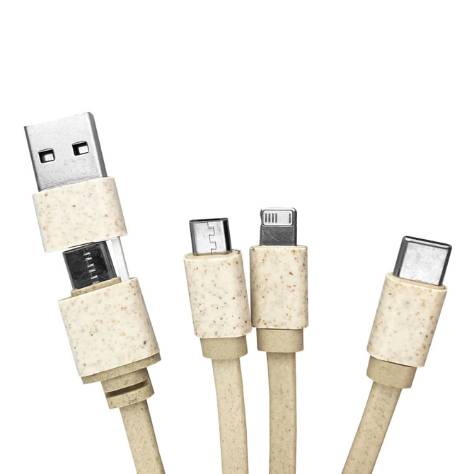 A square bamboo charging cable key ring in a beige colour, featuring multiple connectors: USB, micro USB, Lightning, and USB-C.