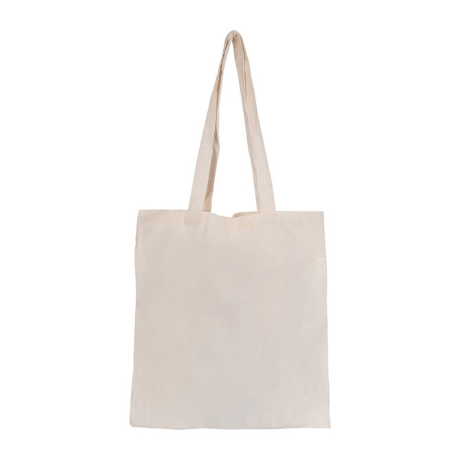 A plain natural-coloured tote bag with long handles and no gusset, featuring a logo.