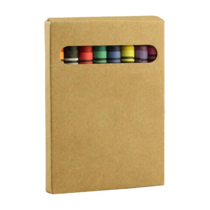 A brown cardboard box with a window displaying colourful crayons inside. The box has a simple design.