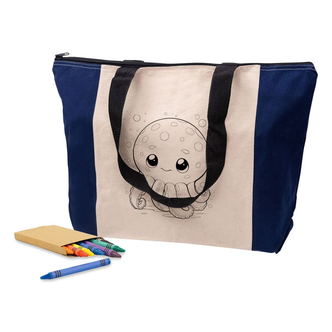 A navy and natural tote bag featuring a cute octopus design, accompanied by colourful markers and a notepad.