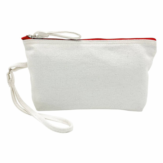 A white canvas cosmetic bag with a red zip and a wrist strap. It has a plain design and a silver zipper.