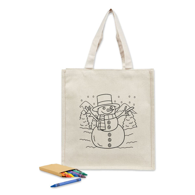 A beige canvas tote bag featuring a colouring design of a snowman, with a set of colouring markers and a notepad.