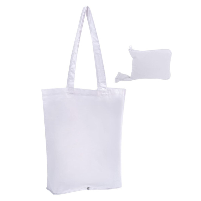 A white foldable calico tote bag with long handles, alongside a compact pouch for storage.