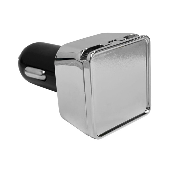 A square metal car charger with a shiny chrome finish and a black connector. It has a logo on it.