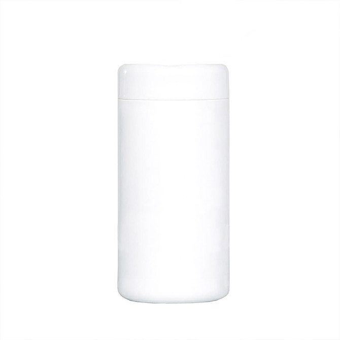 A white cylindrical container for wet tissues, featuring a removable lid, suitable for cleaning surfaces.
