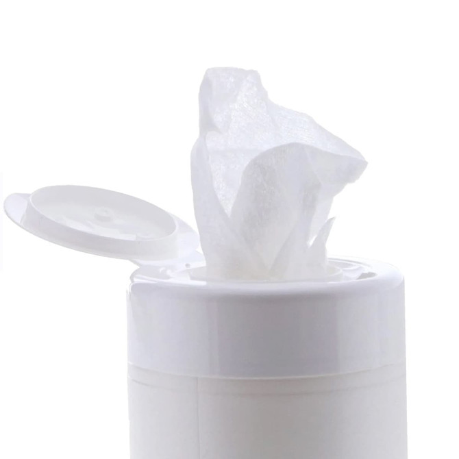 A white container with a lid, featuring a wet tissue partially pulled out. The container has a simple design.