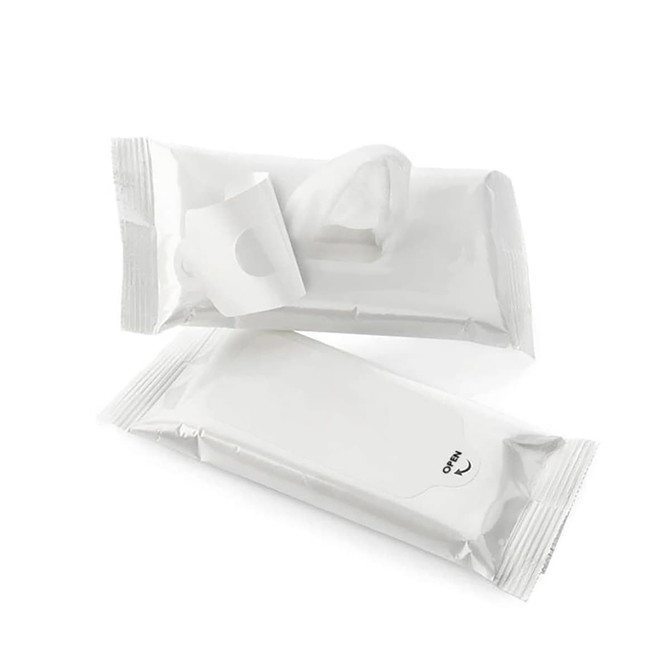 A pack of white anti-bacterial wet wipes, featuring an opening tab, with an additional unopened pack beside it.