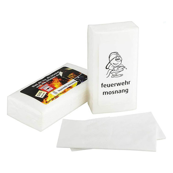A pack of white mini pocket tissues, featuring a logo and a cartoon character on the packaging.