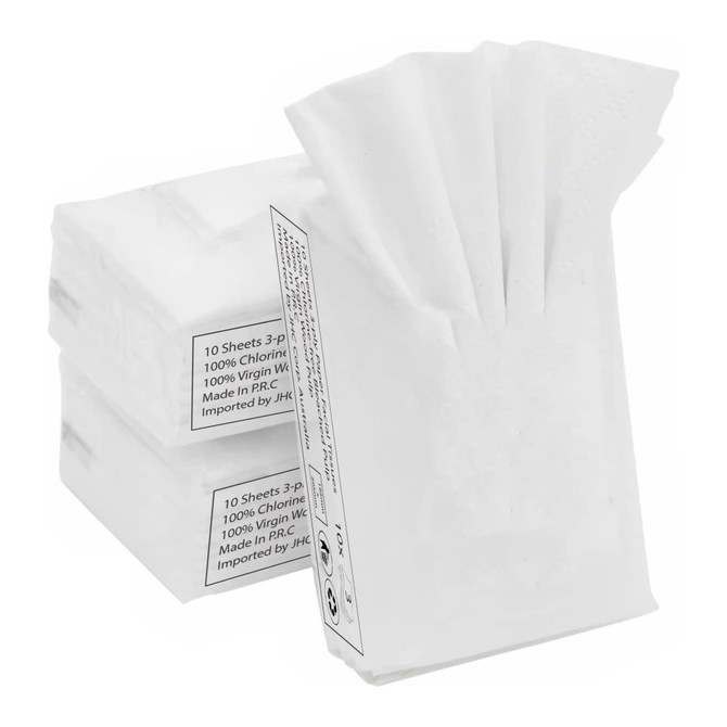 A pack of white tissues with 10 sheets, featuring a simple design and a logo.