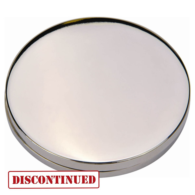A silver compact mirror with a shiny surface, featuring a simple round design and a logo on the back.