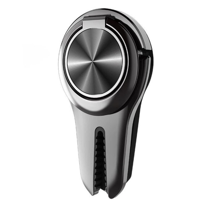 A sleek, black car vent phone holder ring with a metallic accent and a textured grip design.