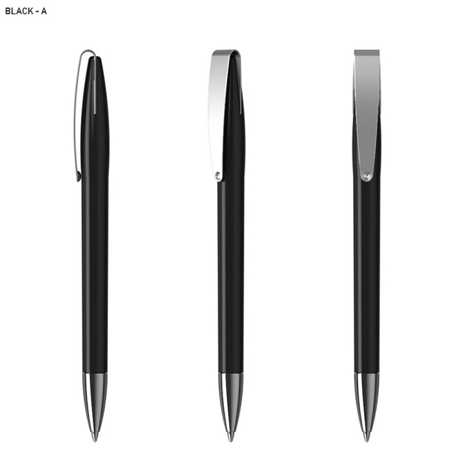 A plastic pen in black, featuring a sleek design and a silver clip, displayed from multiple angles.