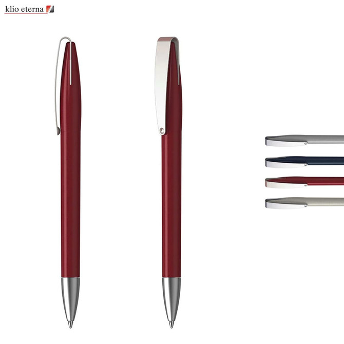 A red plastic pen with a silver clip and nib, accompanied by four other pens in various colours. It has a logo.