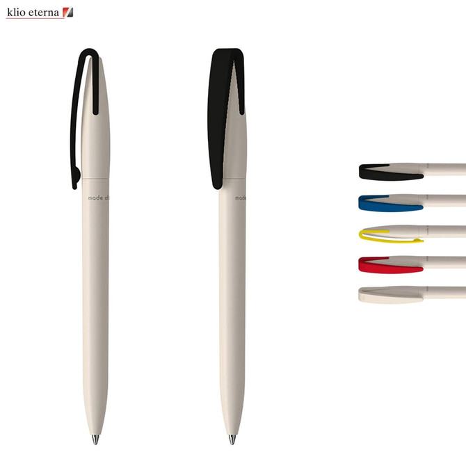 A pen with a cream body and a black clip, accompanied by four ink refills in blue, black, red, and yellow.