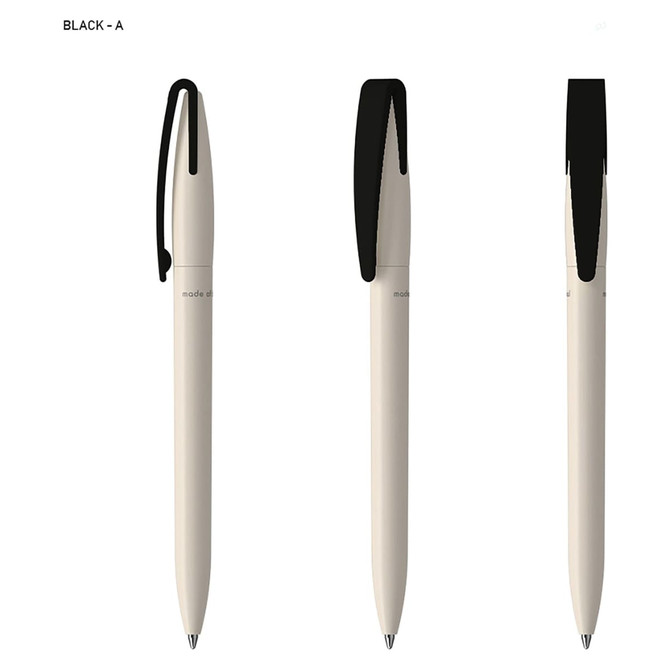 A pen in cream colour featuring a black cap and clip, with a simple design and logo branding.