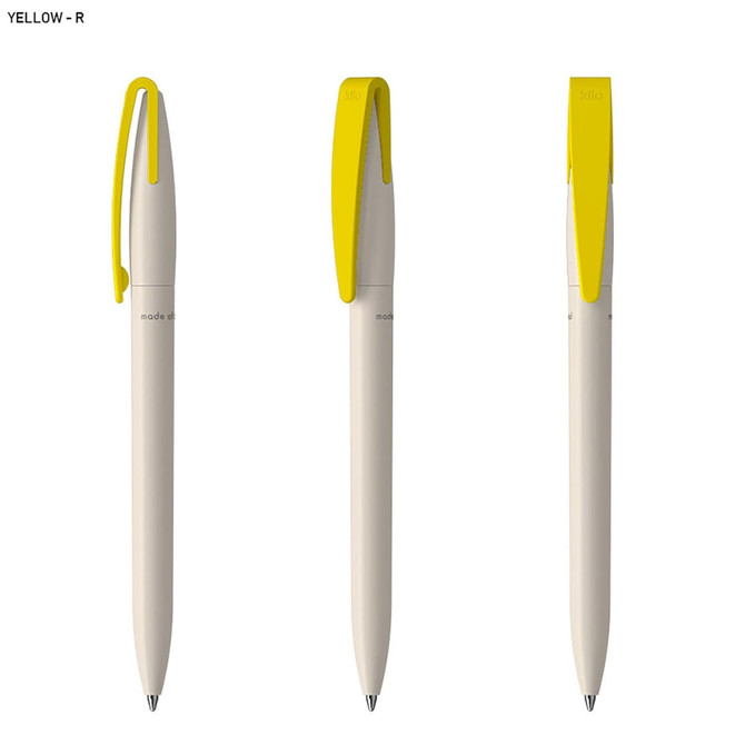 A set of three pens in cream with yellow clips, featuring a logo on the body.