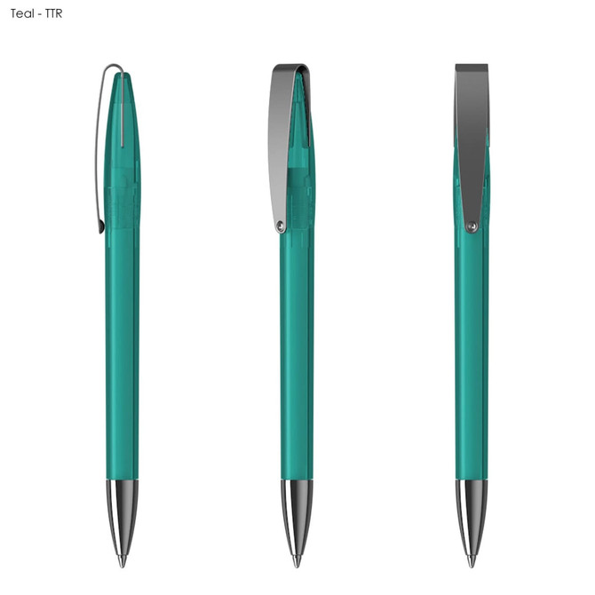 A teal plastic pen with a metallic clip and a shiny silver tip, showcased from three angles.