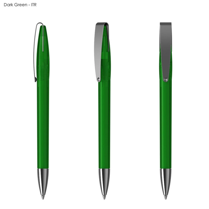 A dark green transparent plastic pen with a chrome clip and silver end. Features three angles for viewing.