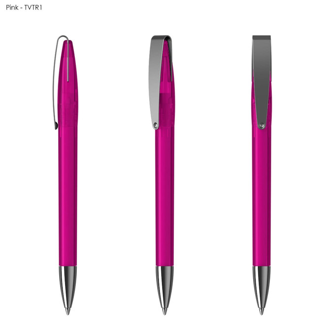 A pink plastic pen with a sleek design and a metallic clip, featuring a shiny silver tip.
