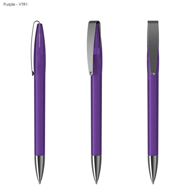 A plastic pen in purple with a silver clip, featuring three angles to showcase its design.