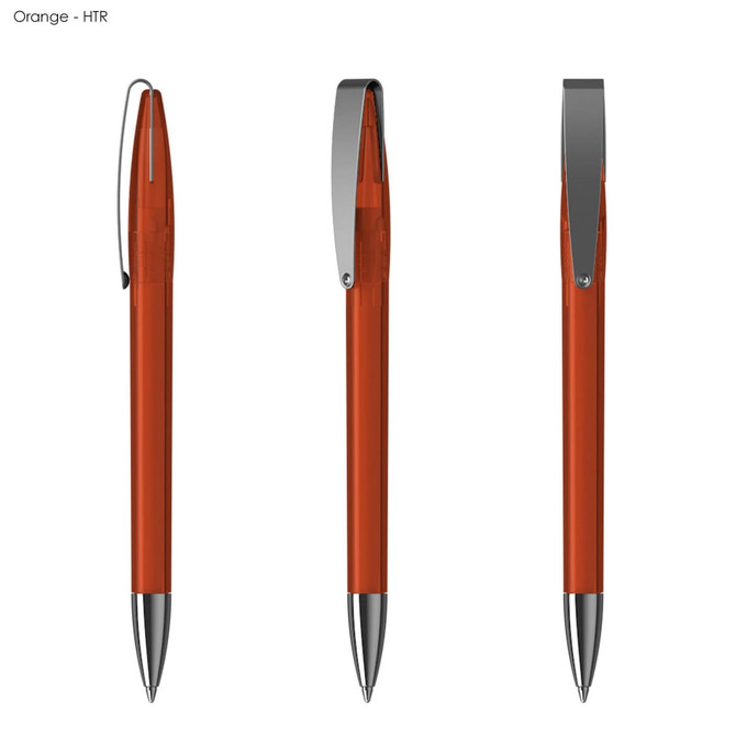 An orange plastic pen with a silver clip and a smooth, glossy finish. It features a branded logo.