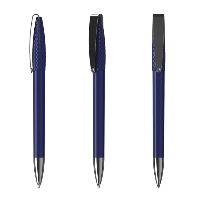 A high gloss metal pen featuring a textured navy blue grip and a sleek silver nib. Includes a branded logo.