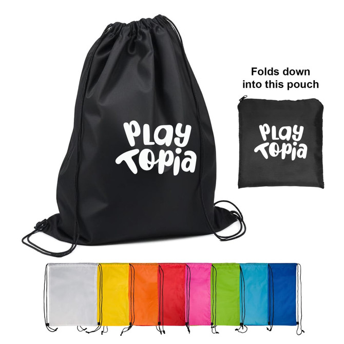A black drawstring backpack with a pouch, available in various colours including white, orange, and pink.