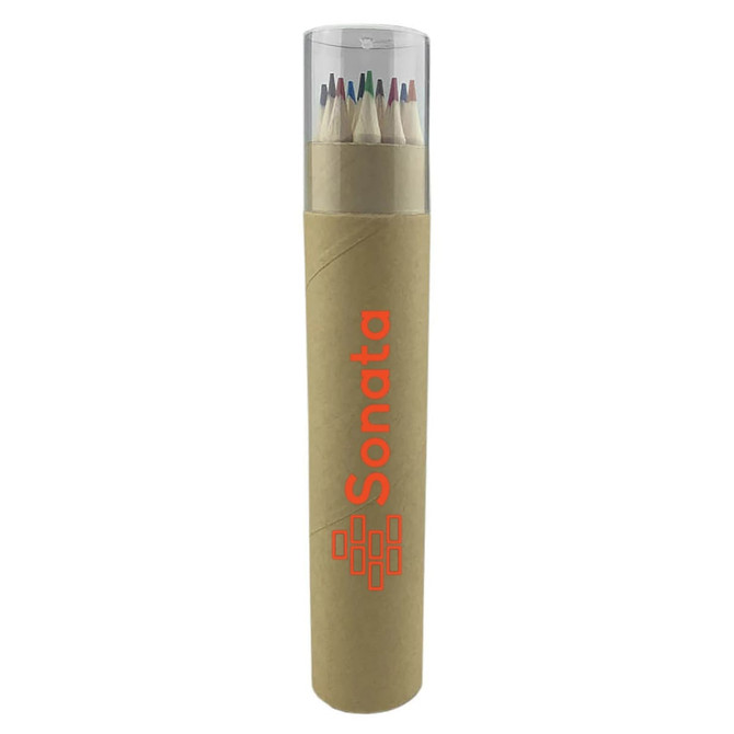 A cylindrical tube containing coloured pencils in various hues, with a clear lid and a logo on the side.