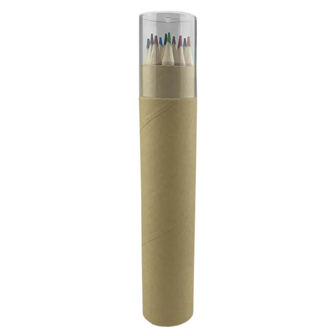 A cylindrical tube containing coloured pencils with a clear lid, showcasing various colours arranged neatly inside.