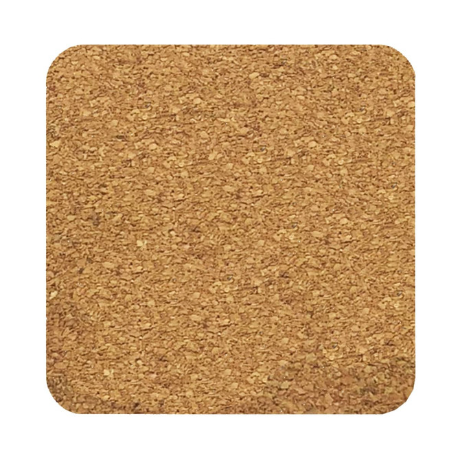 A square cork coaster in a natural tan colour with a textured surface. It features a branding logo.