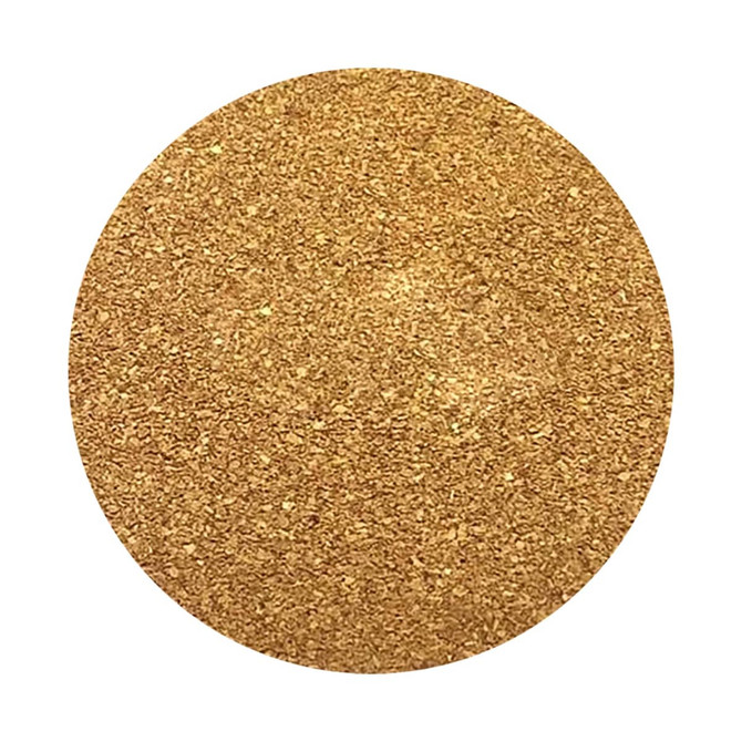 A round cork coaster with a textured, golden surface, featuring a branding logo.