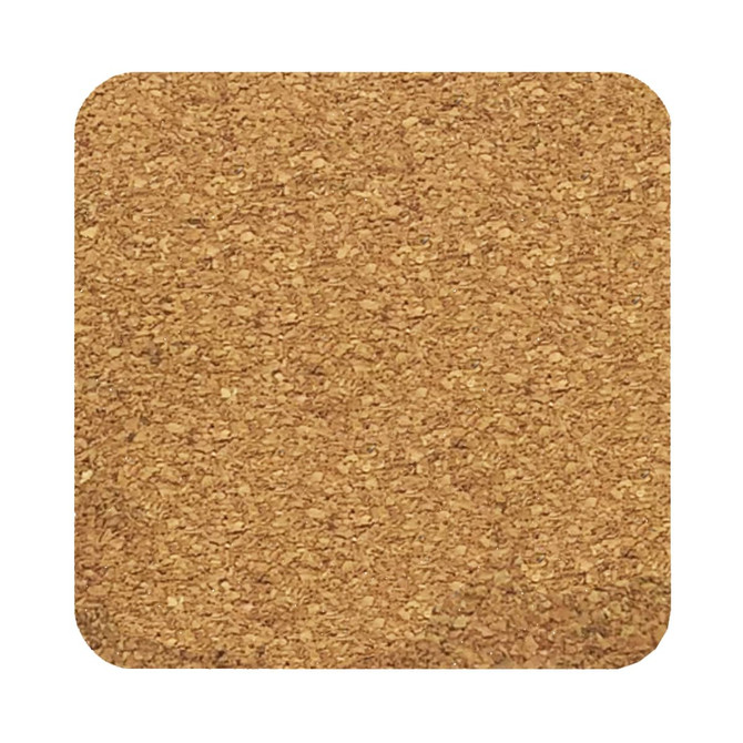A square cork coaster in a natural brown hue, featuring textured surface. Includes branding.