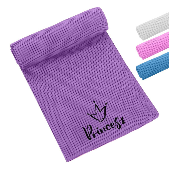 A purple cooling towel with a textured surface and a logo, alongside towels in white, pink, and blue.