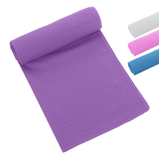 A purple cooling towel with a textured surface, alongside options in white, pink, and blue. The product has a logo.
