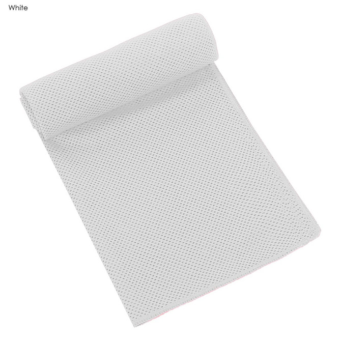 A rolled white cooling towel featuring a textured mesh design, with a hint of colour along the edge.