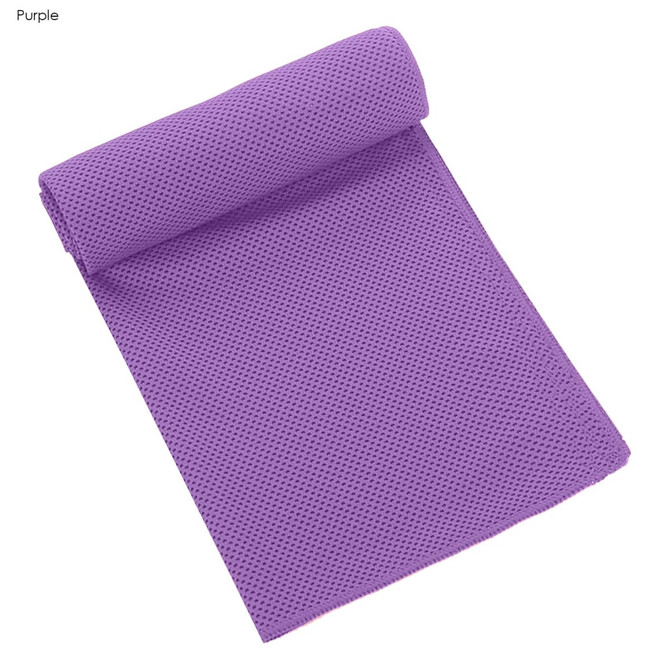 A purple cooling towel rolled partially open, featuring a textured, breathable design. The product has a logo.