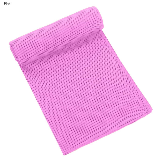A pink cooling towel rolled out flat. It has a textured mesh design and features a logo.