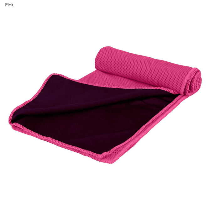 A pink cooling towel with a textured surface, neatly rolled up and partially unfurled to show its interior fabric.