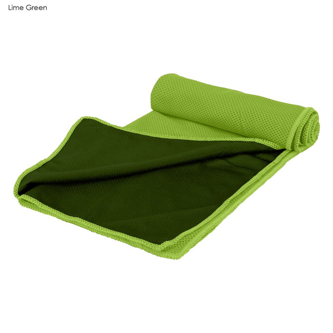 A lime green cooling towel rolled partially open, featuring a textured exterior and a smooth inner surface.