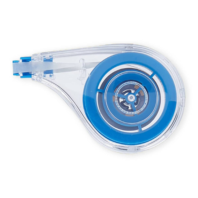 A correction tape dispenser in clear plastic with blue accents, featuring a circular tape compartment and an applicator arm.