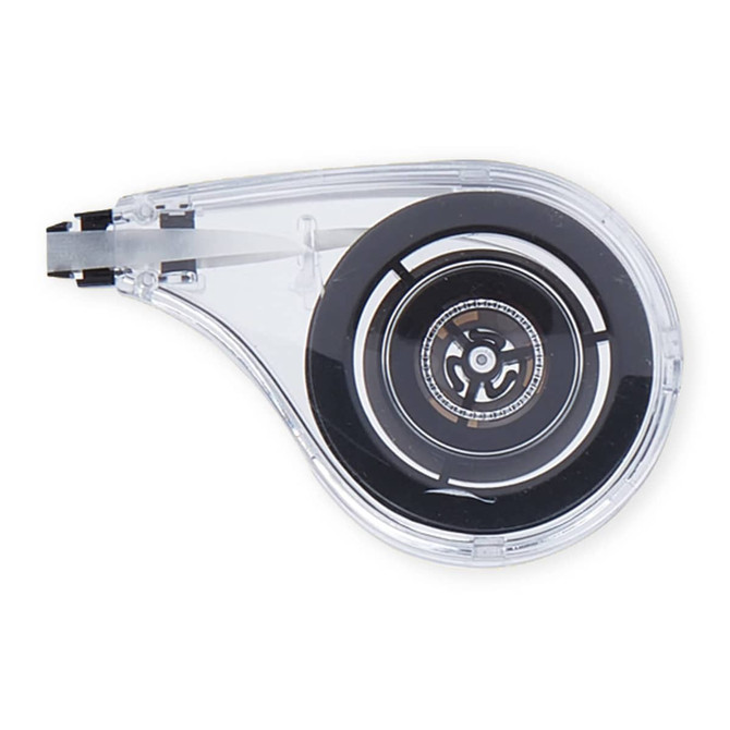A clear correction tape dispenser with a black reel inside, designed for precise application.