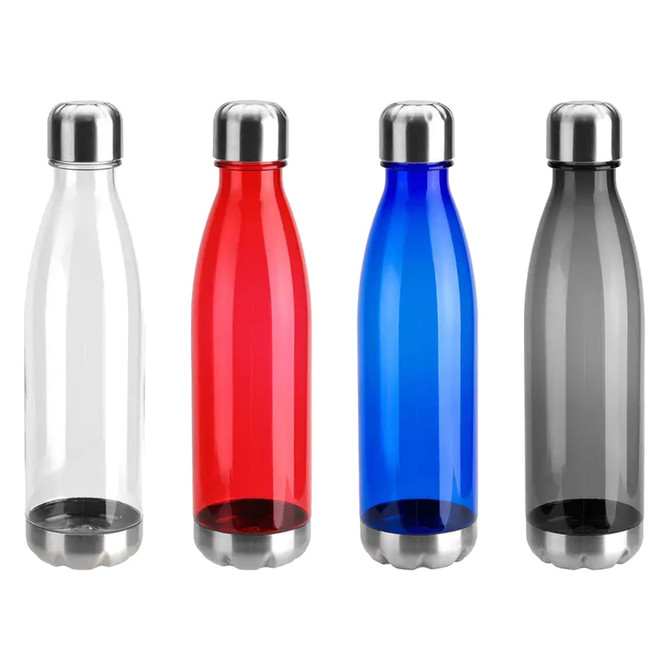 A drink bottle collection featuring clear, red, blue, and grey designs with stainless steel bases and caps.