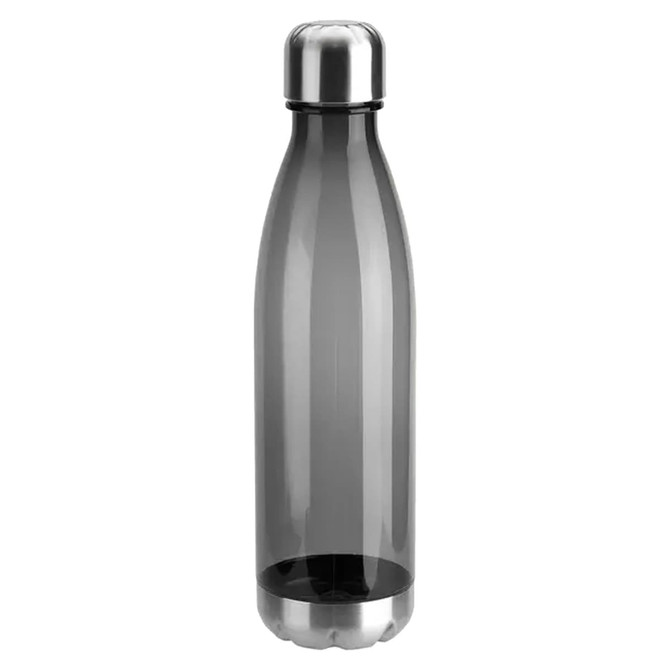 A drink bottle in a sleek grey design with a stainless steel lid and base, featuring a logo.