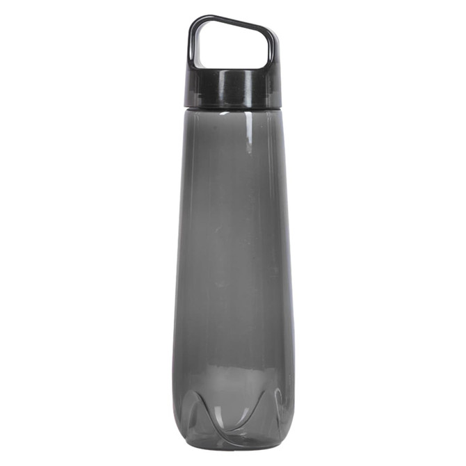 A drink bottle in a sleek, smoky grey colour with a black lid and a handle for easy carrying. It features a logo.